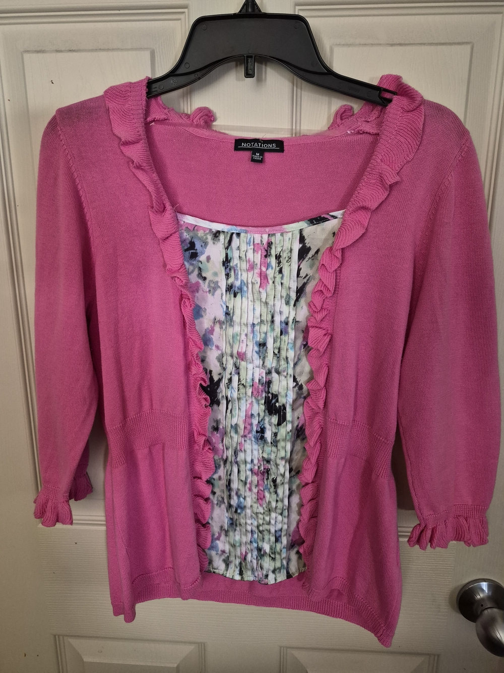 Size M Notations Pink Ruffle-Trim Cardigan with Floral Panel